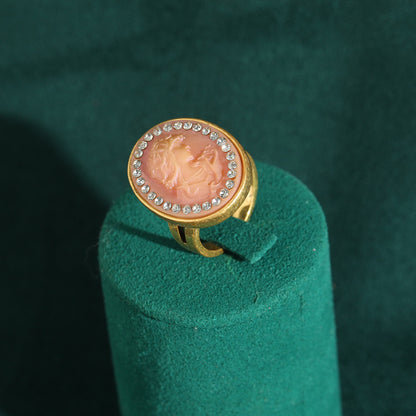 Vintage Copper Mother of Pearl Diamond Rings Queen Cameo