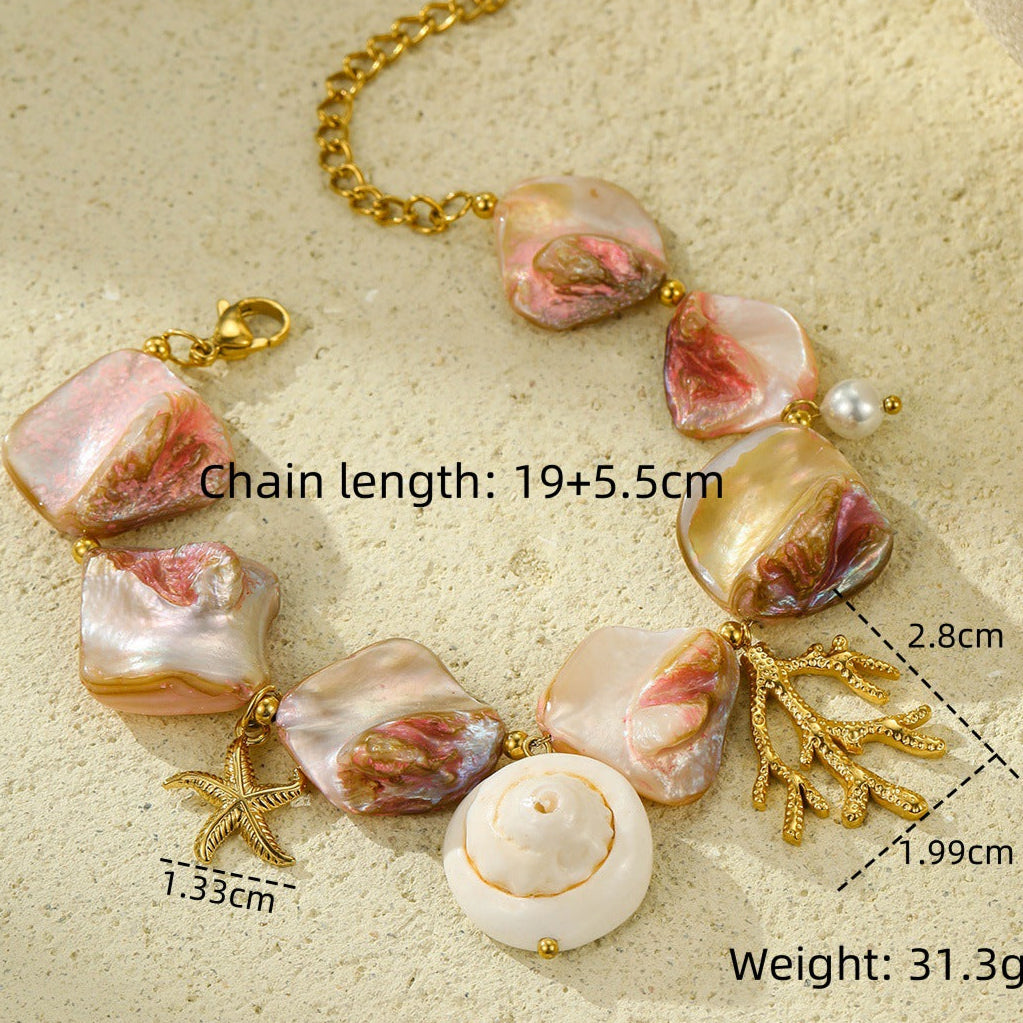 Shell bracelet with gold accents on a beige background, showing measurements and weight.