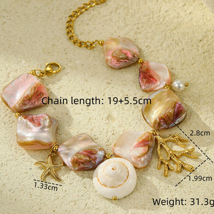 Shell bracelet with gold accents on a beige background, showing measurements and weight.