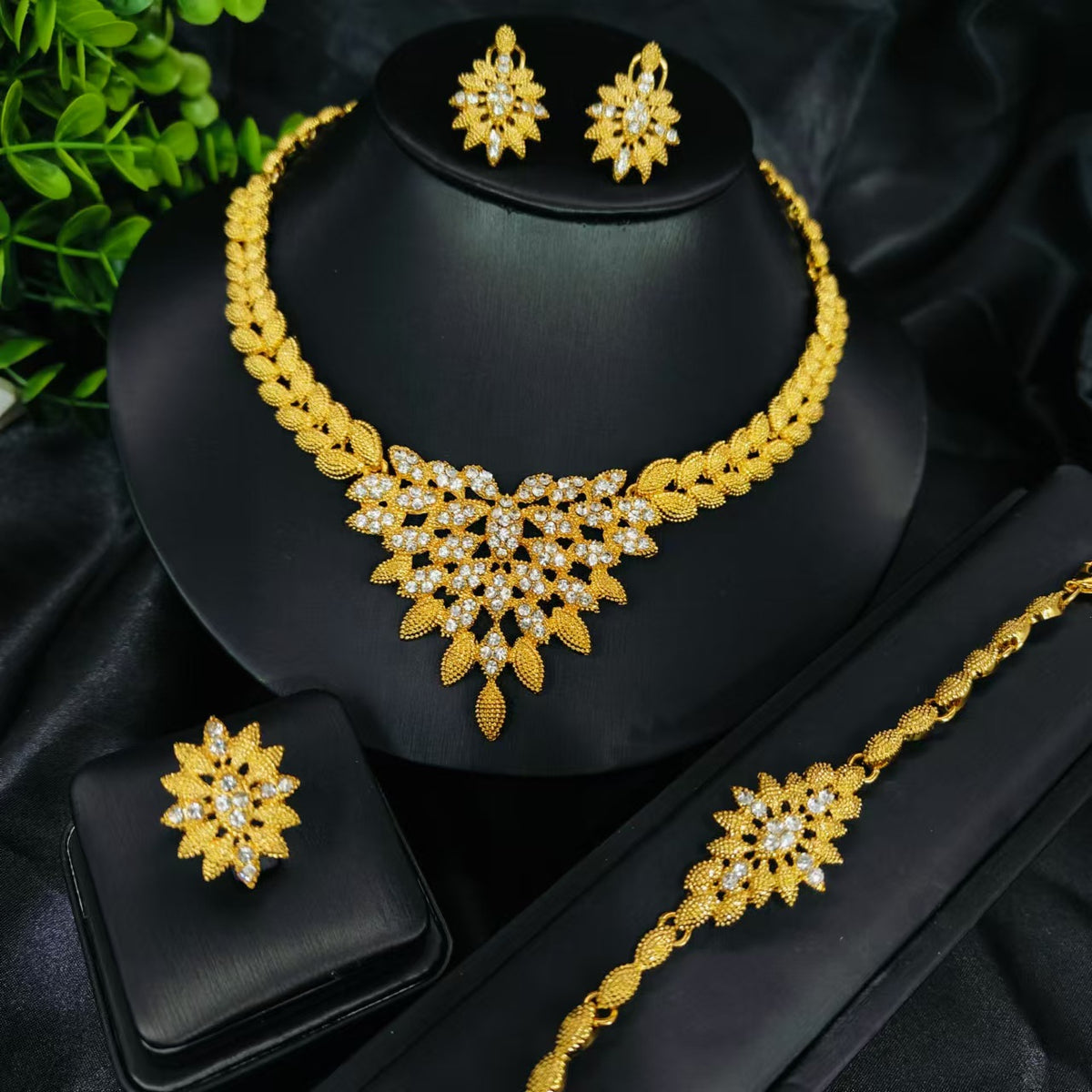 Vintage Jewelry Set 24k Gold Plated Necklace Diamond Bracelet Earrings Set