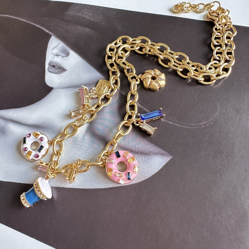 24K Solid Gold Plated Diamond Necklace With Ice Cream Donuts Pendant