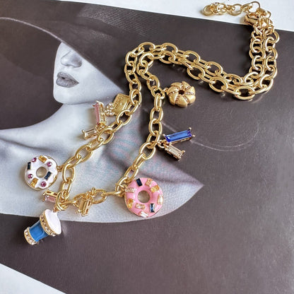 24K Solid Gold Plated Diamond Necklace With Ice Cream Donuts Pendant