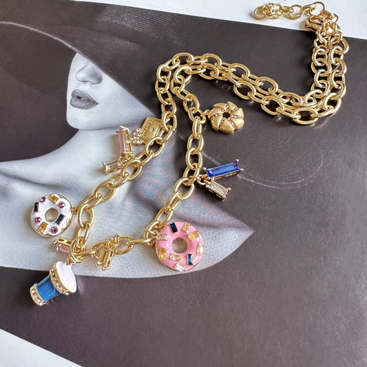 24K Solid Gold Plated Diamond Necklace With Ice Cream Donuts Pendant
