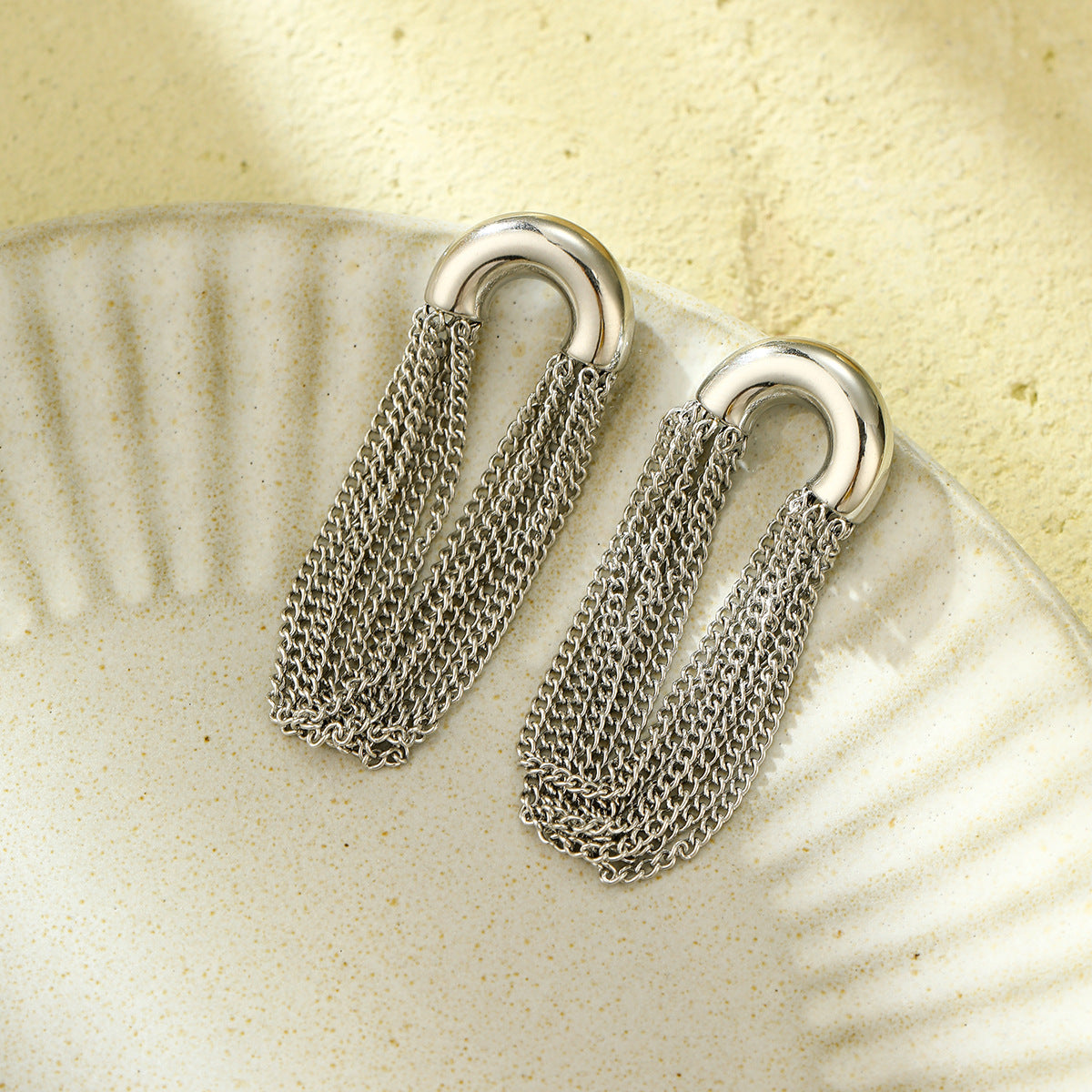 18k Gold Plated C-shaped Titanium Tassel Earrings