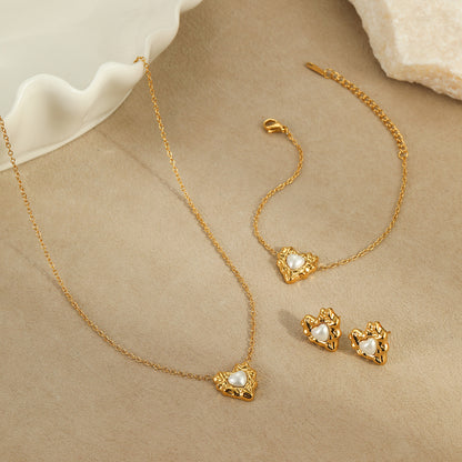 18k Gold Plated Necklace Bracelet Irregular Heart Pearl Earrings Gorgeous Jewelry Set
