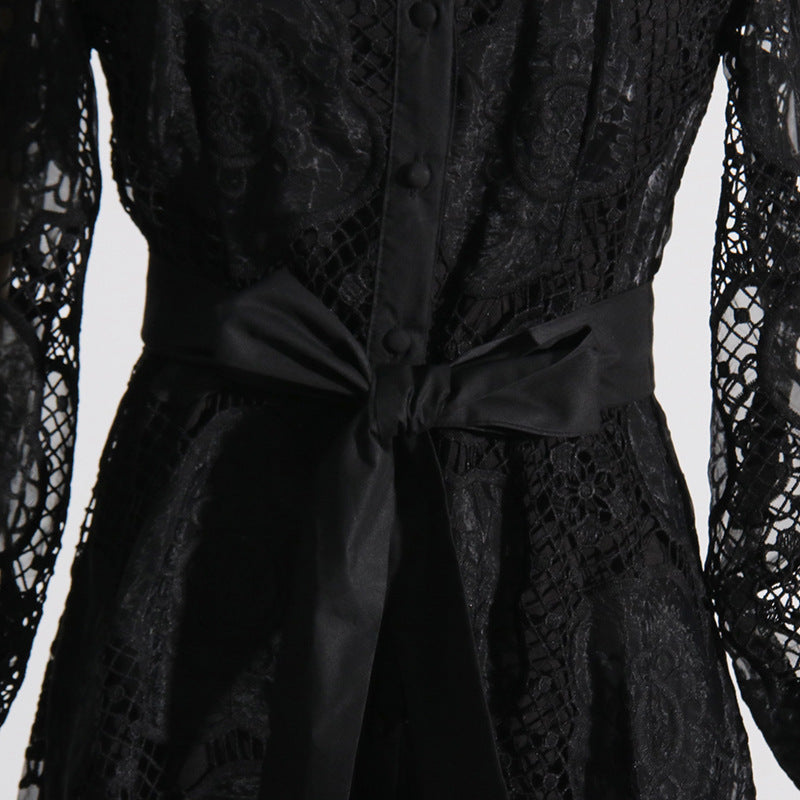 High Collar Lace Bubble Sleeve Ruffled Mini Dresses