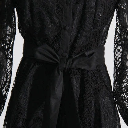 High Collar Lace Bubble Sleeve Ruffled Mini Dresses