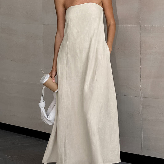 Backless Vacation Tube Top Linen Midi Maxi Dresses