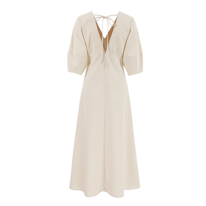 Backless Work It Bubble Sleeve Linen Midi Dresses