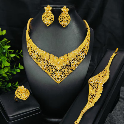 Vintage Jewelry Set 24k Gold Plated Necklace Diamond Bracelet Earrings Set