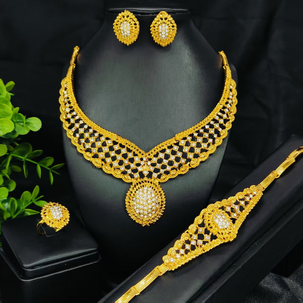 Vintage Jewelry Set 24k Gold Plated Necklace Diamond Bracelet Earrings Set