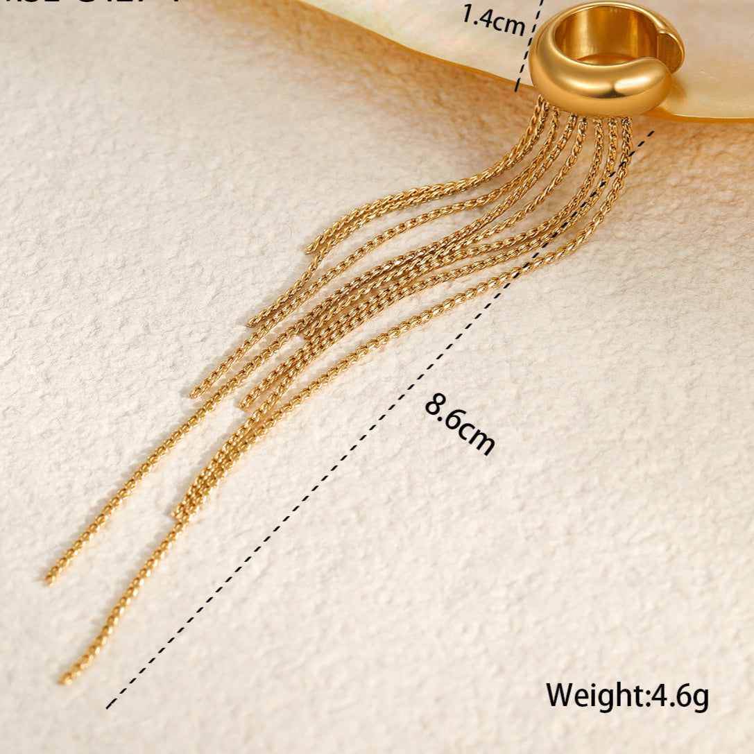Gold necklace with tassels on a beige background, showing measurements and weight.