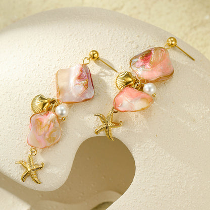 18k Gold Plated Starfish Drop Earrings Pink Shell Gorgeous Jewelry