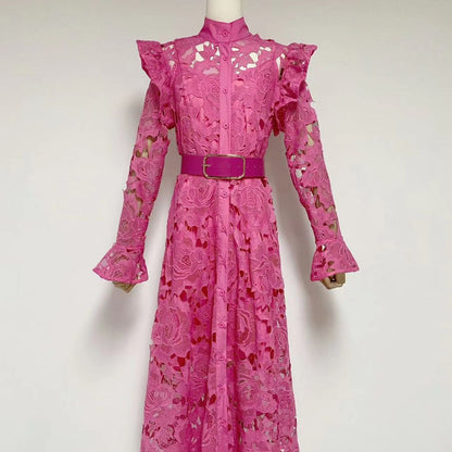 Floral Embroidered Crochet Stand Collar Midi Dresses