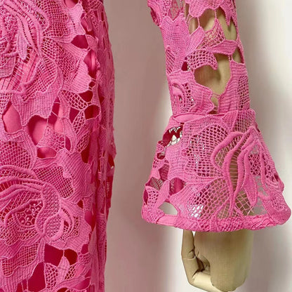 Floral Embroidered Crochet Stand Collar Midi Dresses