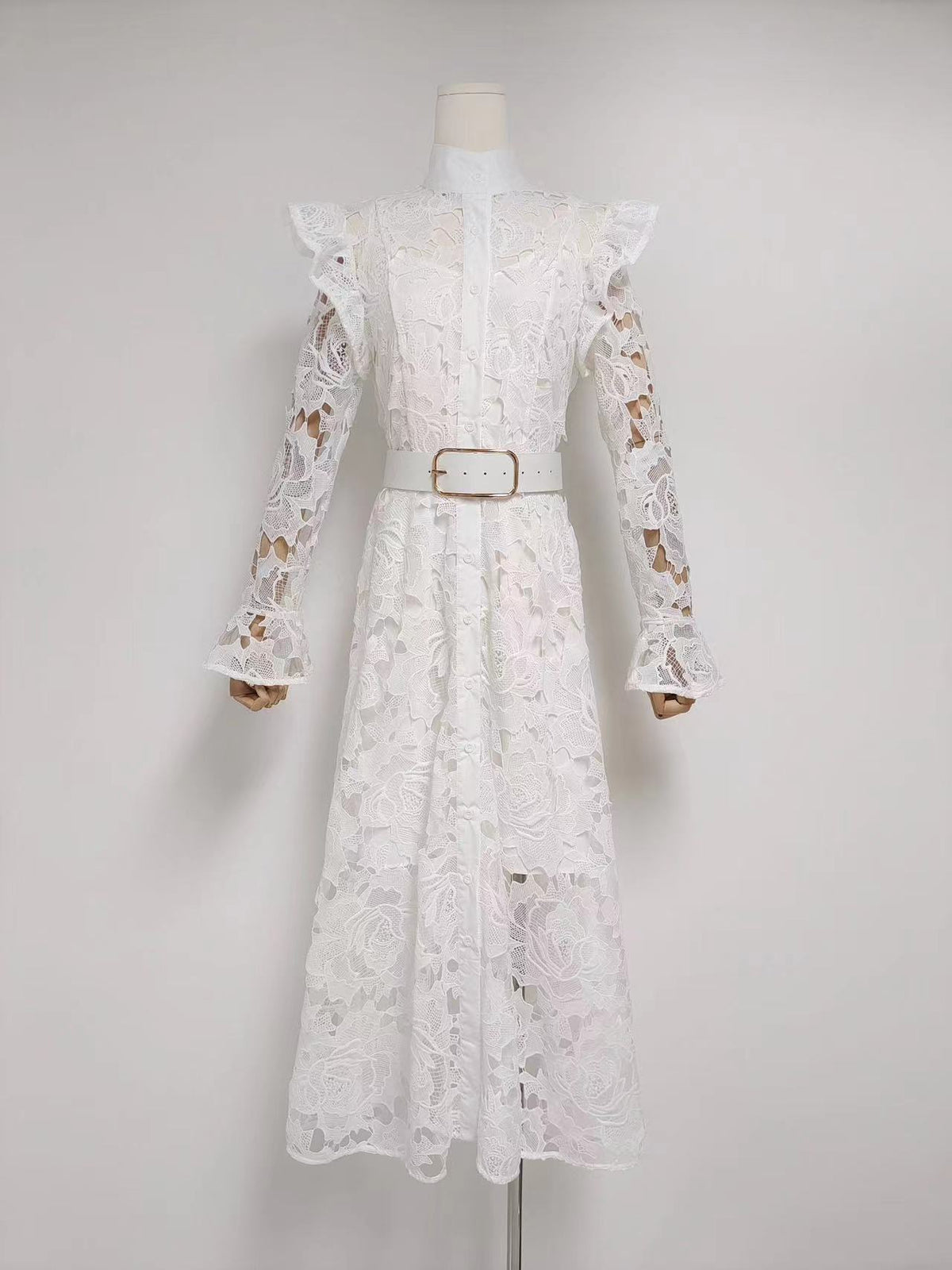 Floral Embroidered Crochet Stand Collar Midi Dresses