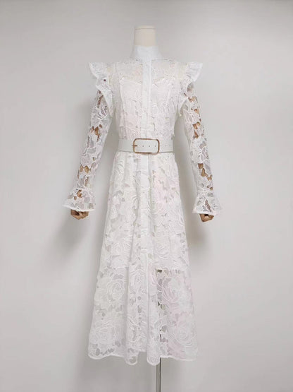 Floral Embroidered Crochet Stand Collar Midi Dresses