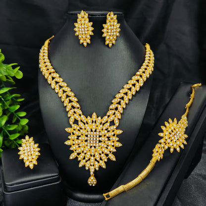 Vintage Jewelry Set 24k Gold Plated Necklace Diamond Bracelet Earrings Set