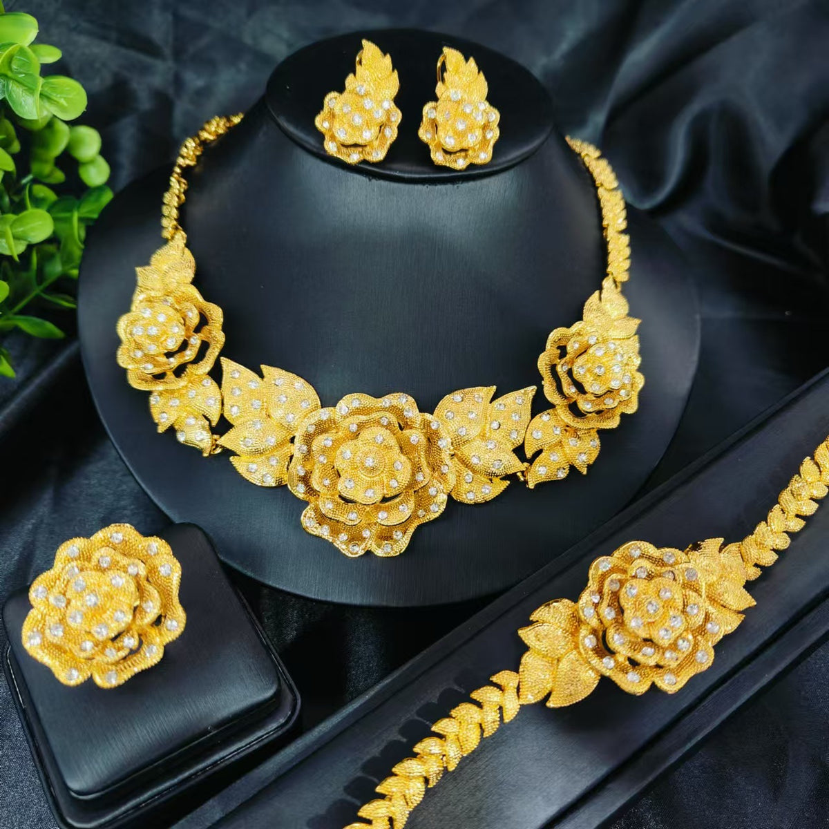 Vintage Jewelry Set 24k Gold Plated Necklace Diamond Bracelet Earrings Set