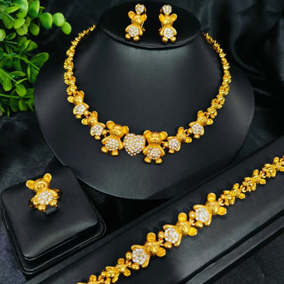 Vintage Jewelry Set 24k Gold Plated Necklace Diamond Bracelet Earrings Set