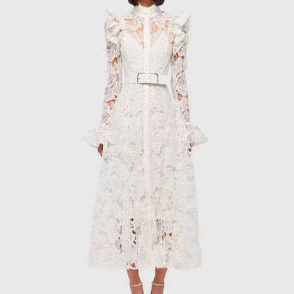 Floral Embroidered Crochet Stand Collar Midi Dresses