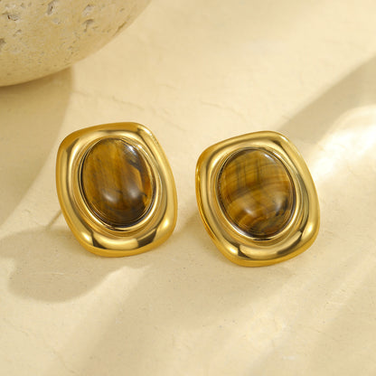Oval Tiger Eye Gem With 18k Gold Plated Earrings Gorgeous Vintage Jewelry