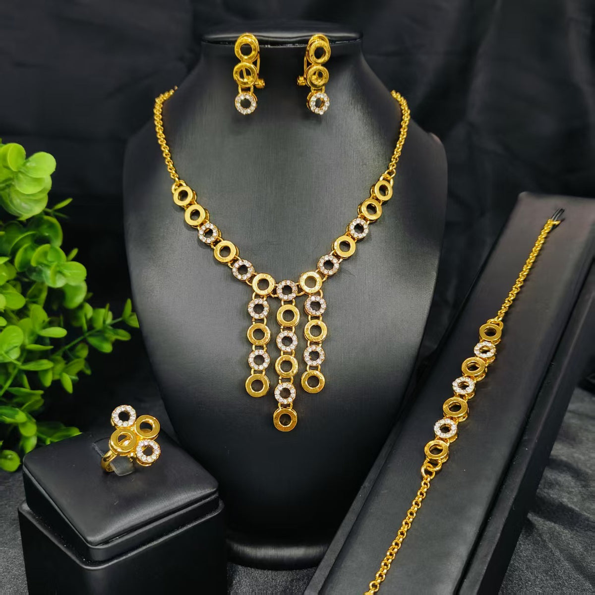 Vintage Jewelry Set 24k Gold Plated Necklace Diamond Bracelet Earrings Set