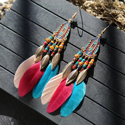 Vintage Jewelry Feather Tassel Earrings Bohemian Chandelier Earrings