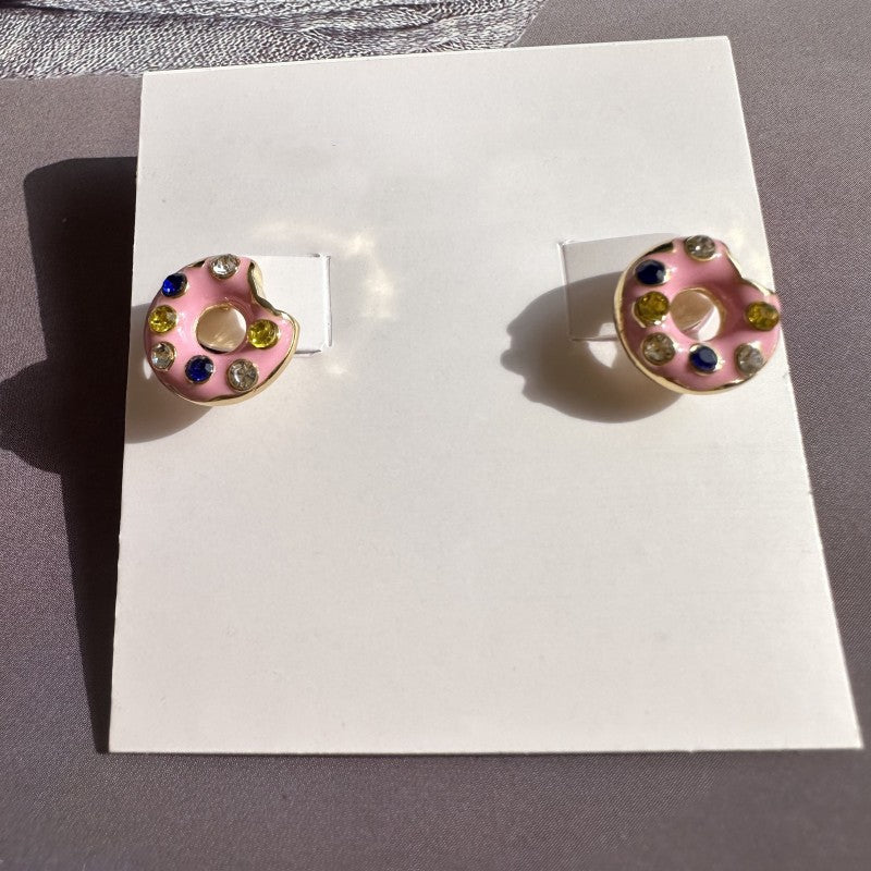 24K Solid Gold Plated Diamond Earrings With Enamel Ice Cream Donuts Pendant
