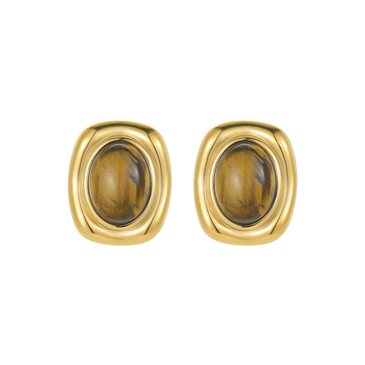 Oval Tiger Eye Gem With 18k Gold Plated Earrings Gorgeous Vintage Jewelry