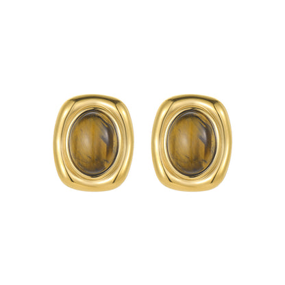 Oval Tiger Eye Gem With 18k Gold Plated Earrings Gorgeous Vintage Jewelry