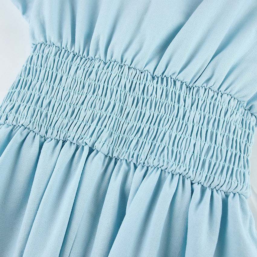 V Neck Tie Elastic Waist Bubble Sleeve Linen Midi Dresses