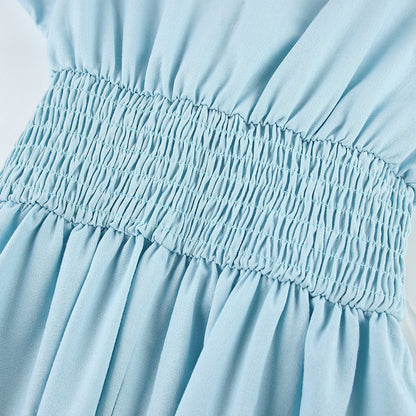 V Neck Tie Elastic Waist Bubble Sleeve Linen Midi Dresses