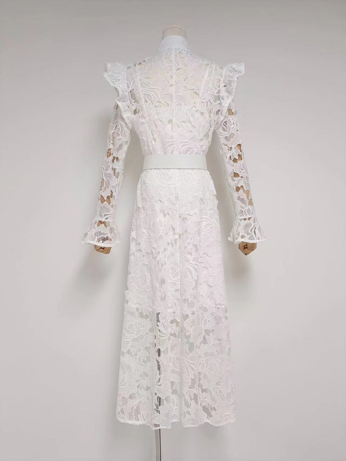 Floral Embroidered Crochet Stand Collar Midi Dresses