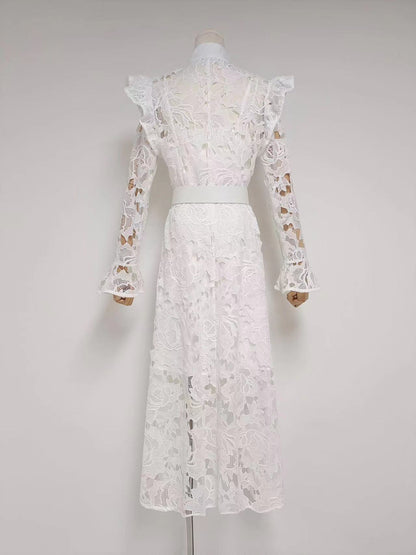 Floral Embroidered Crochet Stand Collar Midi Dresses