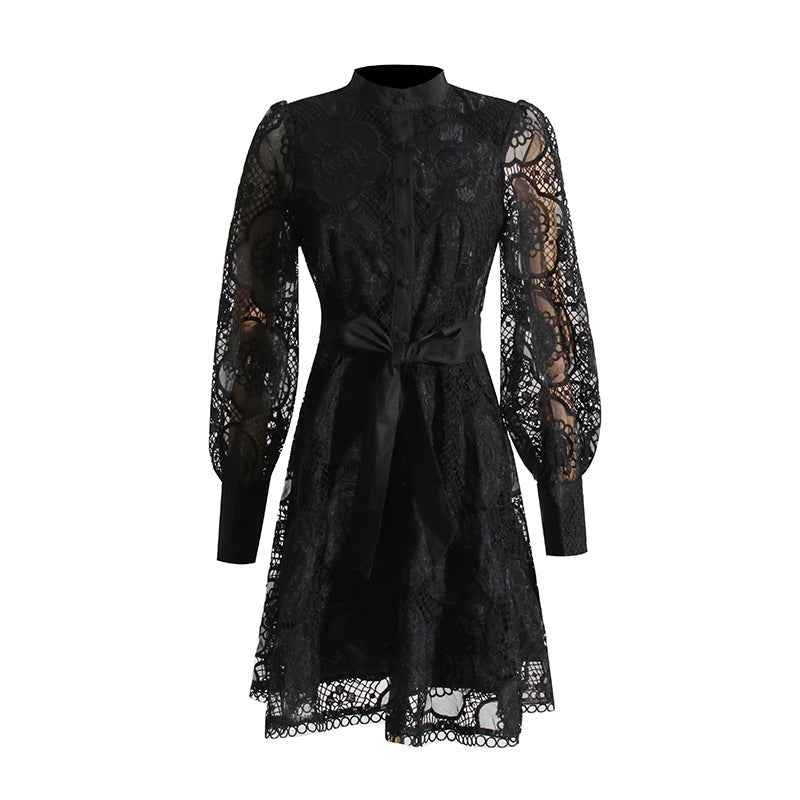 High Collar Lace Bubble Sleeve Ruffled Mini Dresses