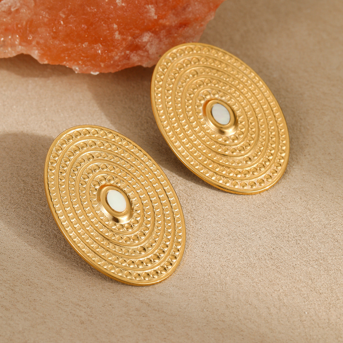18k Gold Plated Oval Spiral Disc Earrings Gorgeous Titanium Jewelry