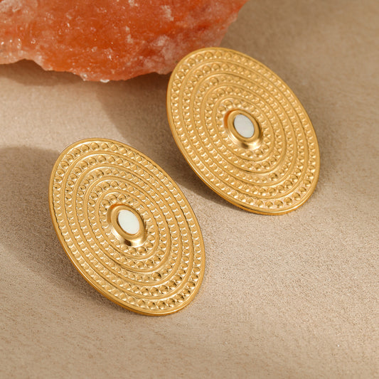 18k Gold Plated Oval Spiral Disc Earrings Gorgeous Titanium Jewelry
