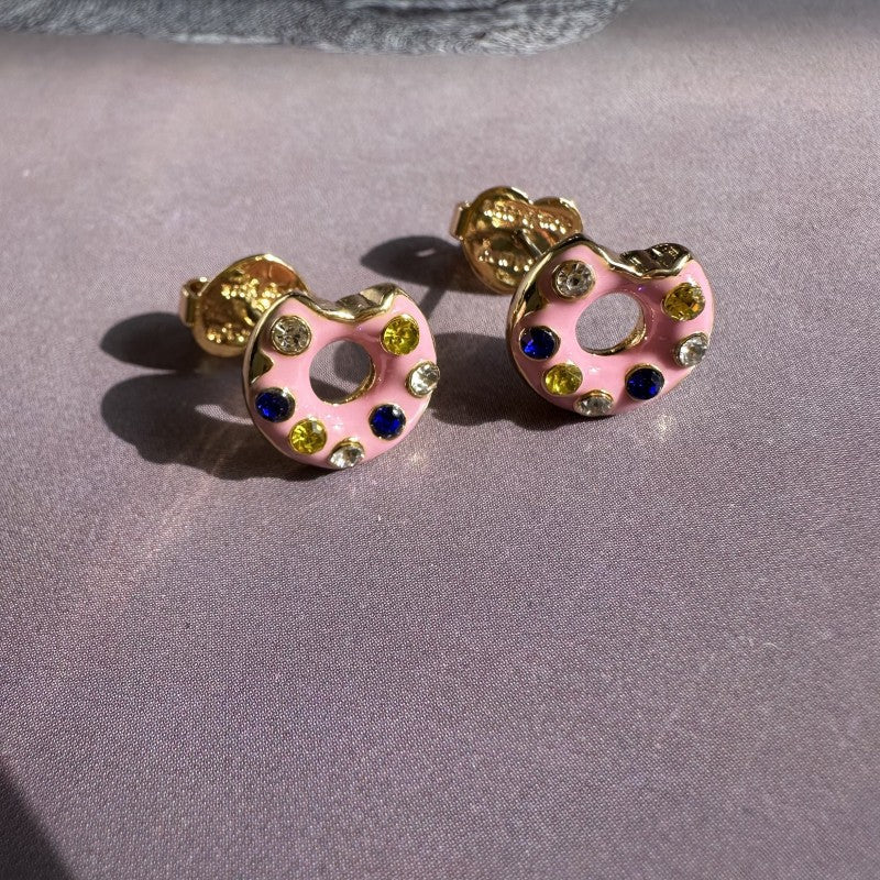 24K Solid Gold Plated Diamond Earrings With Enamel Ice Cream Donuts Pendant
