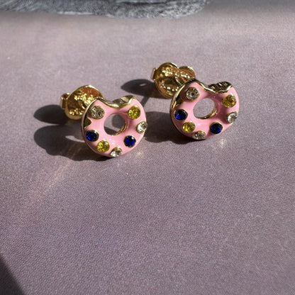 24K Solid Gold Plated Diamond Earrings With Enamel Ice Cream Donuts Pendant