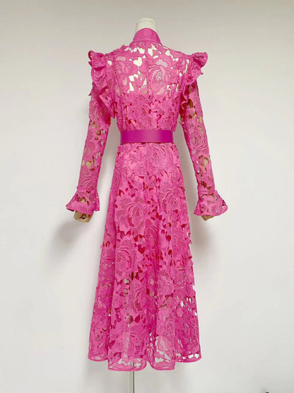 Floral Embroidered Crochet Stand Collar Midi Dresses
