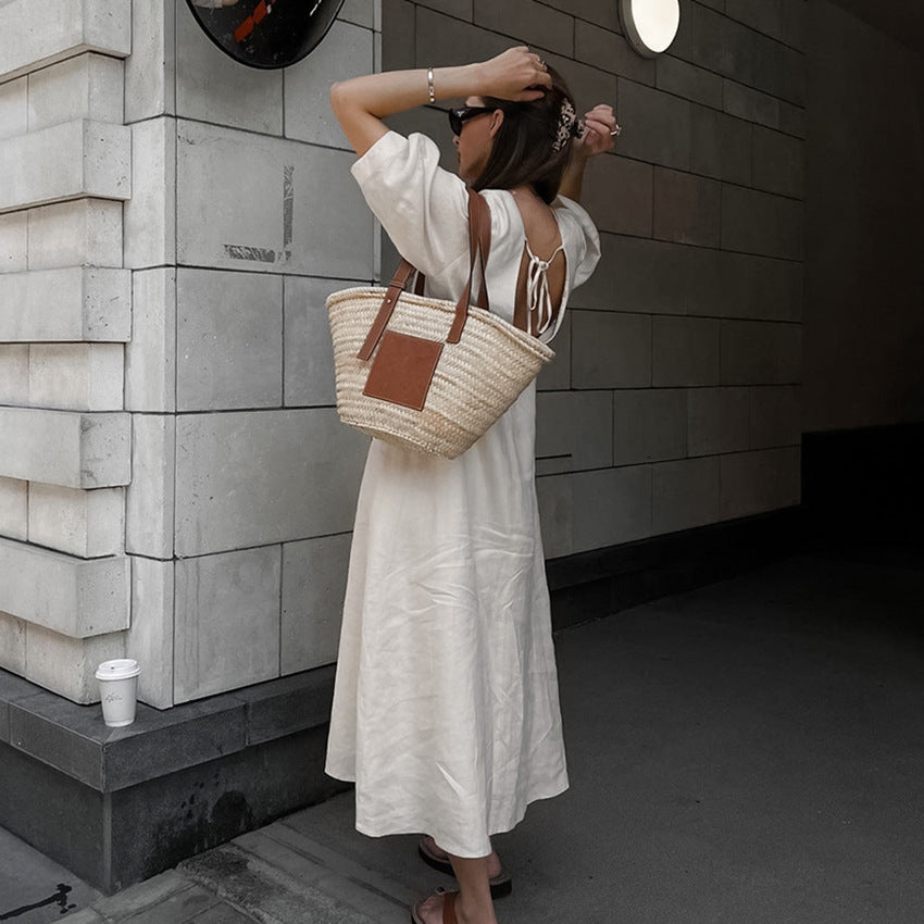 Backless Work It Bubble Sleeve Linen Midi Dresses
