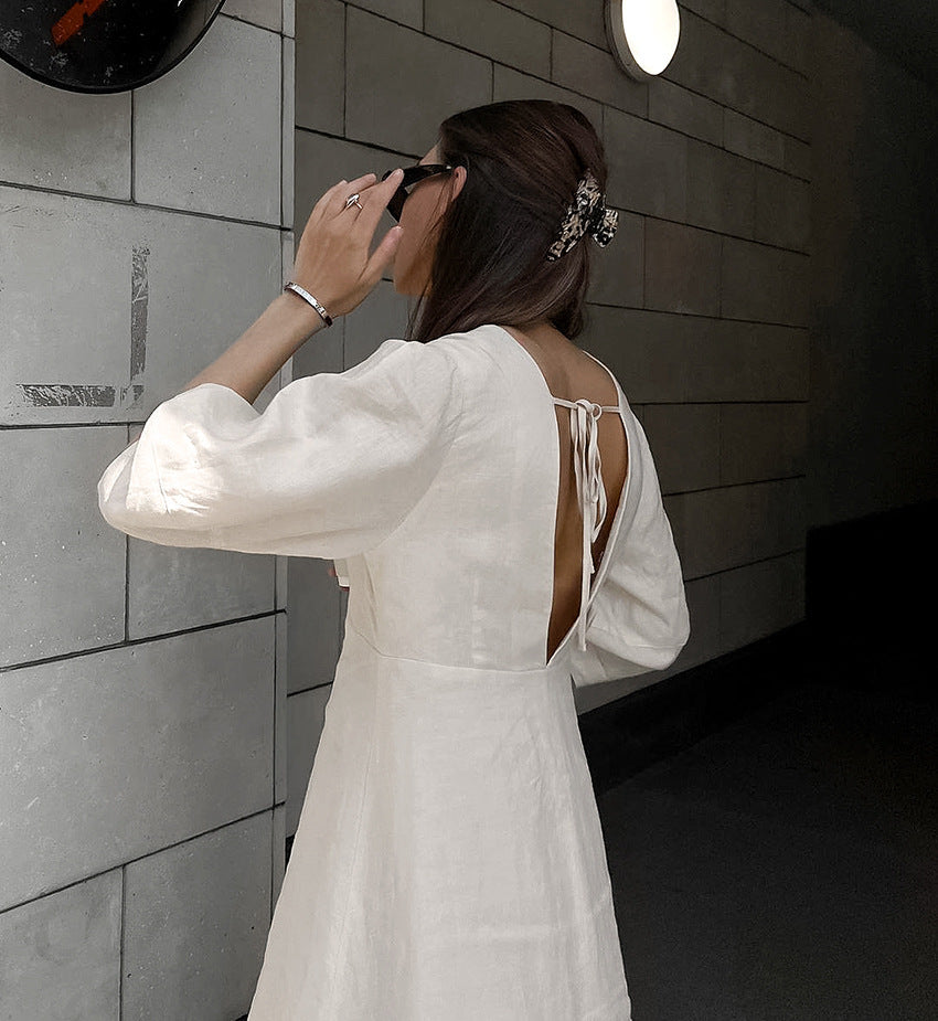 Backless Work It Bubble Sleeve Linen Midi Dresses