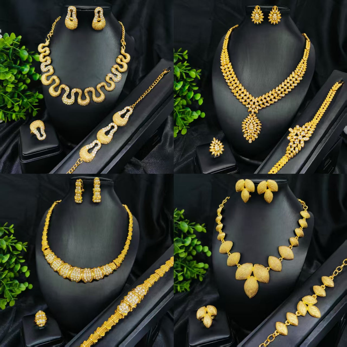 Vintage Jewelry Set 24k Gold Plated Necklace Diamond Bracelet Earrings Set