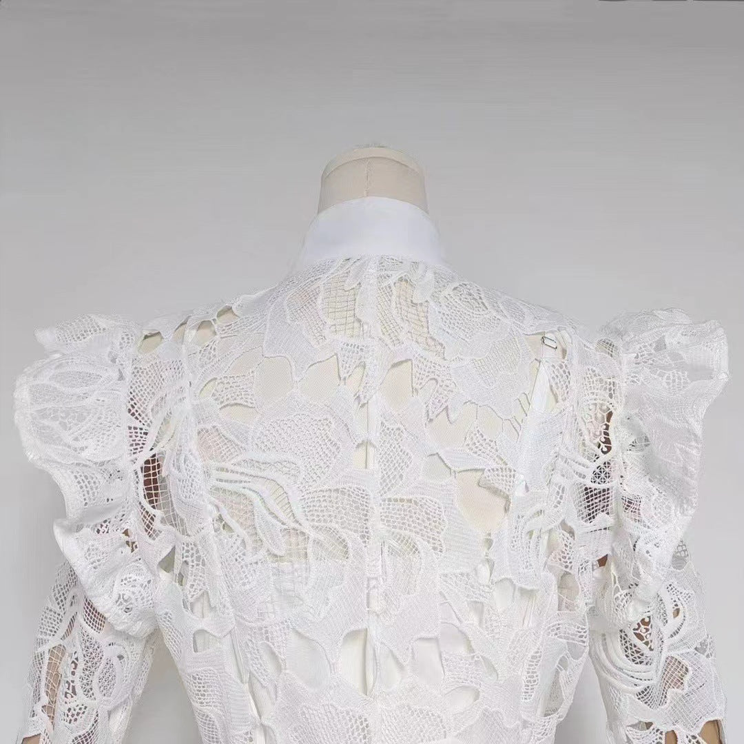 Floral Embroidered Crochet Stand Collar Midi Dresses
