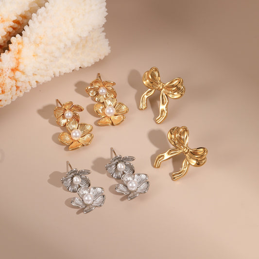 18k Gold Plated Pearl Earrings Gorgeous Flowers Bow Jewelry