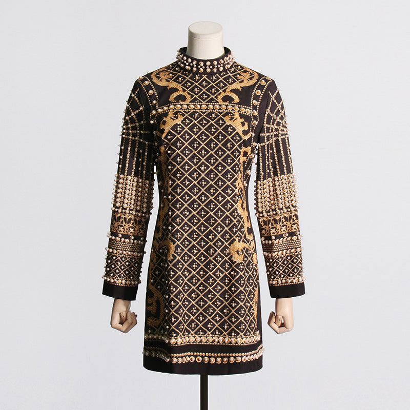 Party Turtleneck Beaded Floral Bodycon Mini Dresses
