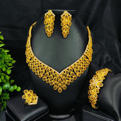 Vintage Jewelry Set 24k Gold Plated Necklace Diamond Bracelet Earrings Set