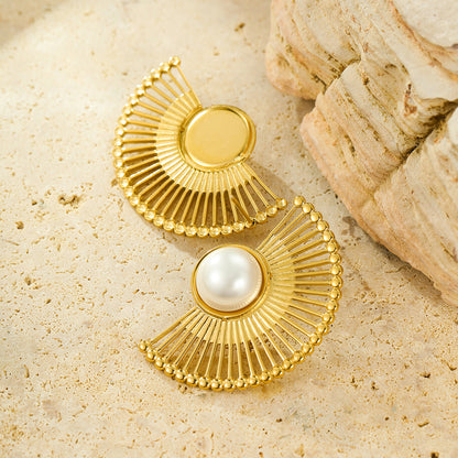 18k Gold Plated Scalloped Pearl Stainless Steel Earrings
