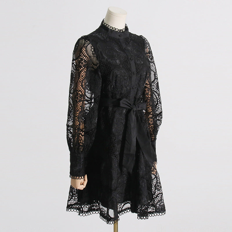 High Collar Lace Bubble Sleeve Ruffled Mini Dresses